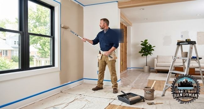 A handyman touching up scuffed paint on a wall, the kind of small repair that protects a rental deposit